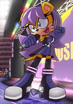 1girl clenched_hands darknoiseuk dress furry furry_female gloves green_eyes holding holding_microphone long_hair microphone mina_mongoose open_mouth purple_gloves purple_hair short_dress sonic_(series) sonic_the_hedgehog_(archie_comics) stage teeth upper_teeth_only