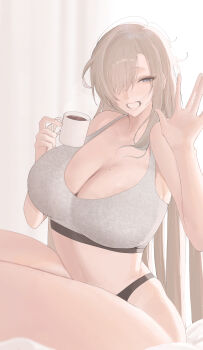 06_el1 1girl absurdres asuna_(blue_archive) bare_shoulders black_panties blonde_hair blue_archive blue_eyes bra breasts cleavage collarbone commentary_request cup grey_bra grin hair_over_one_eye highres holding holding_cup large_breasts long_hair looking_at_viewer mole mole_on_breast navel no_halo panties sitting smile solo sports_bra thighs underwear very_long_hair waving