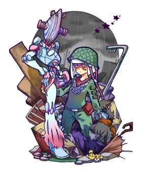 1other 5boys arusakku173 axl_ro bag belt belt_buckle black_hair box broom brown_bag brown_hair buckle cardboard_box civil_war_(stand) cloud coat combat_helmet commentary_request facial_mark green_coat green_eyes green_helmet grey_belt hand_on_own_hip helmet highres jojo_no_kimyou_na_bouken long_sleeves m1_helmet mullet multiple_boys rain raised_eyebrows rubble ruins shovel simple_background stand_(jojo) star_(symbol) steel_ball_run stuffed_animal stuffed_toy teddy_bear umbrella white_background