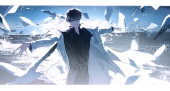 1boy asaki_an belt bird black_hair black_shirt bloom coat collared_shirt cowboy_shot dove falling_paper grin hashtag-only_commentary highres horizon kim_dokja letterboxed looking_at_viewer male_focus omniscient_reader's_viewpoint open_clothes open_coat outdoors outstretched_arms popped_collar shirt shirt_tucked_in short_hair smile solo too_many too_many_birds too_many_papers upper_body white_coat