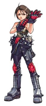 Rule 34 | 1girl, adjusting clothes, adjusting gloves, brown eyes, brown hair, camouflage, camouflage shirt, clothes around waist, edaki shin'ya, full body, game cg, gloves, highres, jacket, jacket around waist, justice gakuen, kazama akira, knee pads, leather, leather pants, looking at viewer, moero! justice gakuen, non-web source, official art, pants, shin guards, shirt, short hair, simple background, skull print, sleeveless, sleeveless shirt, solo, spikes, standing, white background