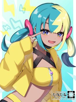 1girl :d absurdres bandeau blue_eyes canari_(pokemon) commentary_request hand_up happy highres index_finger_raised jacket kanarikaro lightning_bolt_symbol long_sleeves looking_at_viewer lower_teeth_only multicolored_hair nail_polish nintendo open_clothes open_jacket open_mouth pokemon pokemon_legends:_z-a sleeves_past_wrists smile solo teeth tongue twintails watermark yellow_bandeau yellow_jacket yellow_nails zipper zipper_pull_tab