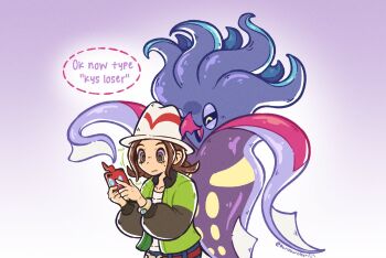 1girl 1other beak belt breasts brown_eyes brown_hair closed_mouth english_text gen_4_pokemon gen_6_pokemon green_jacket harmony_(pokemon) hat highres holding holding_phone jacket long_sleeves malamar meme mind_control my_friend_malamar_(meme) nintendo ok_now_type_kill_yourself_loser_(meme) open_clothes open_jacket open_mouth ouroborotter pants phone pokemon pokemon_(creature) pokemon_legends:_z-a rotom rotom_phone shirt short_hair speech_bubble squid tentacles text_messaging white_hat white_shirt yellow_eyes