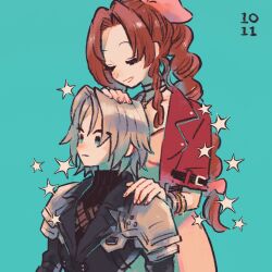 Rule 34 | 1boy, 1girl, aerith gainsborough, aged down, aqua background, armor, bangle, black jacket, black shirt, bracelet, braid, braided ponytail, brown hair, chest strap, choker, closed eyes, cropped jacket, dated, dress, final fantasy, final fantasy vii, final fantasy vii remake, flower choker, grey hair, hair ribbon, hand on another&#039;s head, hand on another&#039;s shoulder, highres, jacket, jewelry, long hair, nobu (25mark), parted bangs, parted lips, pink dress, pink ribbon, red jacket, ribbon, sephiroth, shirt, short hair, short sleeves, shoulder armor, sidelocks, single braid, smile, sparkle, turtleneck, upper body, wide-eyed