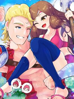 2boys 2girls arthur_(fire_emblem_fates) axe blonde_hair blue_eyes brown_eyes brown_hair couple dragon fire_emblem fire_emblem_fates hana_(fire_emblem) jacket keldancon lipstick_mark multiple_boys multiple_girls muscular muscular_male nintendo open_clothes open_jacket pauldrons pectorals pink_hair red_hair sakura_(fire_emblem) sandals shorts shoulder_armor smile sports_bra subaki_(fire_emblem)