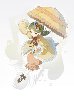 absurdres black_shoes bow brown_bow commentary_request dress drill_hair flower full_body green_eyes green_hair hair_bow highres holding holding_umbrella juliet_sleeves kanaria long_sleeves morgue_(southsakura) pantyhose parasol pink_shorts puffy_shorts puffy_sleeves red_flower ripples rozen_maiden shoes shorts simple_background umbrella white_background white_pantyhose yellow_dress