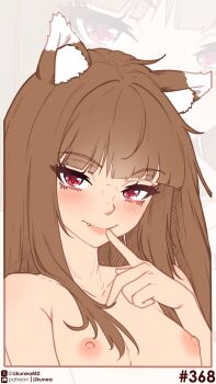 1girl animal_ear_fluff animal_ears blunt_bangs blush breasts brown_hair closed_mouth commentary english_commentary fang fang_out finger_to_mouth hand_up highres holo likunea long_hair looking_at_viewer nipples nude patreon_logo patreon_username red_eyes sidelocks simple_background small_breasts smile spice_and_wolf twitter_username twitter_x_logo upper_body wolf_ears wolf_girl zoom_layer