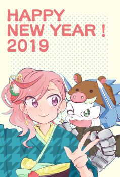 1boy 1girl 2019 appmon digimon digimon_universe:_appli_monsters dokamon earrings hair_ornament happy_new_year highres japanese_clothes jewelry karan_eri new_year pig pink_hair purple_eyes tagme v