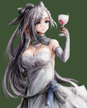 1girl absurdres alternate_costume breasts cleavage closed_mouth cup dress drinking_glass elbow_gloves gloves green_background grey_eyes grey_hair hair_bun highres holding holding_cup hololive hololive_indonesia large_breasts long_hair looking_at_viewer nymph_rhythm smile solo vestia_zeta virtual_youtuber white_dress white_gloves wine_glass