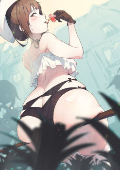 1girl armpits ass atelier_(series) atelier_ryza atelier_ryza_1 back bad_id bad_pixiv_id black_panties blush breasts brown_eyes brown_hair butt_crack caisan female_focus hair_ornament hairclip heart highres jewelry looking_at_viewer multi-strapped_panties necklace open_mouth panties potion reisalin_stout skindentation smile solo thighhighs underwear white_thighhighs