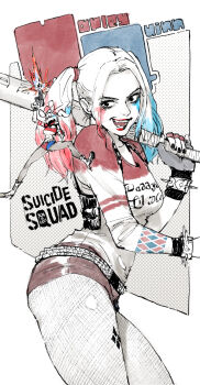 12v 1girl batman_(series) belt black_eyes black_nails bracelet character_name clothes_writing colored_tips commentary copyright_name dc_comics dc_extended_universe english_text firing fishnet_pantyhose fishnets gun harley_quinn jewelry looking_at_viewer multicolored_hair multiple_views open_mouth pantyhose short_shorts shorts solo spiked_bracelet spikes suicide_squad the_suicide_squad_(2021_movie) twintails weapon
