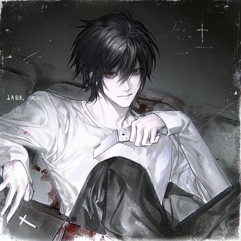 1boy 8knff black_hair cellphone commentary_request death_note flip_phone hair_between_eyes highres holding holding_phone knees_up l_(death_note) long_sleeves looking_at_viewer male_focus phone red_eyes shirt short_hair sitting solo white_shirt