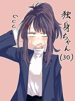 1girl blue_jacket blush breasts flying_sweatdrops hair_ornament hairclip highres irutann jacket long_sleeves original pink_background ponytail sanpaku shirt simple_background small_breasts solo upper_body white_shirt