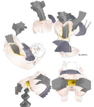 1girl 1other anal animal_ears anus bandaid bandaid_on_pussy bdsm black_thighhighs blush bondage bottomless bound bound_legs cat_ears colored_pussy dildo drooling extreme_gaping fisting gaping highres huge_dildo large_insertion liren44 lube original pussy sailor_collar sailor_shirt saliva sex_toy shibari shibari_over_clothes shirt short_hair simple_background spread_anus thighhighs white_background white_hair x-ray yellow_eyes yellow_pussy