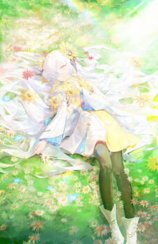Rule 34 | 1girl, absurdres, black pantyhose, boots, commentary request, dress, field, flower, flower field, hair flower, hair ornament, hair over one eye, hair spread out, highres, isekaijoucho, juejianyami, kamitsubaki studio, long hair, lying, on back, open mouth, outdoors, pantyhose, smile, solo, sunlight, very long hair, white eyes, white hair