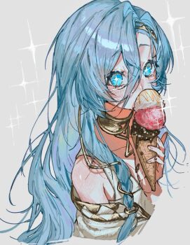 +_+ 1girl 37_(reverse:1999) ancient_greek_clothes bare_shoulders blue_eyes commentary covered_mouth cropped_torso food gold_choker greco-roman_clothes grey_background hair_between_eyes hand_up highres holding holding_food holding_ice_cream ice_cream long_hair looking_at_viewer multiple_scoops reverse:1999 ryoryo. solo sparkle upper_body very_long_hair