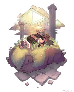 1boy beard closed_eyes creature crossed_legs dungeon_meshi dwarf facial_hair fake_horns full_body golem hand_hair helmet highres horned_helmet horns long_beard male_focus mustache nature own_hands_together rfarrowster riding riding_animal senshi_(dungeon_meshi) sleeping solo sparse_arm_hair thick_mustache very_long_beard