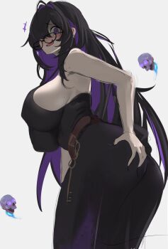 @_@ absurdres belt black-framed_eyewear black_hair black_pants black_shirt breasts brown_belt colored_inner_hair commentary english_commentary glasses goddess_of_victory:_nikke hair_between_eyes hair_over_one_eye highres label_(nikke) large_breasts long_hair looking_at_viewer multicolored_hair open_mouth pants purple_eyes purple_hair shirt skull smile solo uzzy2801 white_background