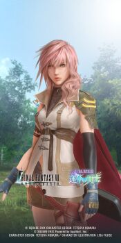 1girl 3d aqua_eyes armlet asymmetrical_gloves black_gloves breasts brown_shirt brown_skirt cape copyright_name cowboy_shot elbow_gloves final_fantasy final_fantasy_vii final_fantasy_vii_ever_crisis final_fantasy_xiii fingerless_gloves fujise_lisa gloves hair_between_eyes hair_over_shoulder highres holster jewelry lightning_farron long_hair looking_at_viewer medium_breasts miniskirt necklace nomura_tetsuya official_art outdoors pink_hair red_cape shirt single_elbow_glove single_shoulder_pad skirt sleeveless sleeveless_turtleneck solo square_enix standing thigh_holster turtleneck veil wavy_hair white_veil