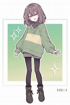 1other androgynous black_pantyhose black_shirt blush boots brown_boots brown_hair brown_shorts chara_(undertale) collared_shirt commentary_request full_body green_sweater highres long_sleeves looking_at_viewer nasubi_no_manjiu open_mouth pantyhose red_eyes shirt short_hair shorts smile solo sweater undertale utdr_(toby_fox)