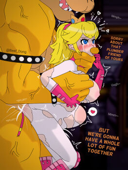 artist_name beef_dong blonde_hair blue_hair blurry blurry_background blush bowser breasts bulge crown crying crying_with_eyes_open cum cum_in_pussy cum_inflation english_text finger_in_another&#039;s_mouth highres inflation interspecies mario_(series) motion_lines muscular muscular_male nintendo nipples ponytail princess princess_peach rape sex sex_from_behind size_difference super_mario_bros._1 tears torn_clothes veins