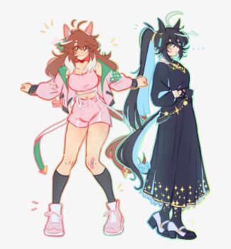 2girls absurdres ahoge animal_ears bandaid bandaid_on_knee bandaid_on_leg black_dress black_hair black_pantyhose black_socks blush bow breasts brown_eyes brown_hair calamity_brezze checkered_ribbon cleavage closed_mouth collarbone cropped_shirt dantsu_flame_(umamusume) dress ear_covers ear_ribbon ear_tag earrings hair_between_eyes highres horse_ears horse_girl horse_tail jacket jewelry kneehighs large_breasts long_bangs long_hair long_hair_between_eyes long_sleeves looking_at_viewer manhattan_cafe_(umamusume) midriff multicolored_hair multiple_girls navel necktie pantyhose pink_jacket pink_shirt pink_shorts ponytail shirt shorts simple_background single_earring smile socks tail umamusume very_long_hair white_background white_hair white_jacket yellow_eyes yellow_necktie