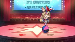 1girl animal_ear_fluff animal_ears animated audible_music ball blonde_hair circus closed_eyes clown english_text face_down facing_away failure fennec_fox fox_ears fox_girl fox_tail hat heart heavy_breathing hololive indoors jester_cap juggling kay_yu leg_up looking_at_viewer lying multicolored_hair omaru_polka omaru_polka_(1st_costume) on_floor on_stomach open_mouth outstretched_arms rubber_chicken sitting solo sound spread_arms standing standing_on_one_leg star_(symbol) streaked_hair sweatdrop tagme tail tightrope tilted_headwear video virtual_youtuber