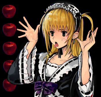 1girl alternate_costume amane_misa apple arms_up black_background black_dress blonde_hair blue_eyes bow collarbone death_note dress earrings food fruit gothic_lolita hairband hashtag-only_commentary highres japanese_clothes jewelry lolita_fashion lolita_hairband long_hair making_faces purple_bow simple_background solo tongue tongue_out two_side_up wa_lolita wide_sleeves zalupk228