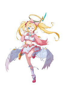 1girl ;d absurdres aries991 bayonet blonde_hair blue_eyes blush bow bowtie cardigan commentary crop_top english_commentary feathered_wings floating_hair frilled_skirt frills full_body gun hair_bow halo heart heart-shaped_gem highres leg_warmers long_hair long_sleeves looking_at_viewer low_wings mechanical_halo midriff one_eye_closed open_cardigan open_clothes open_mouth original pink_bow pink_bowtie pink_cardigan pink_shoes pleated_skirt rifle shirt shoes simple_background skirt smile solo standing standing_on_one_leg twintails v very_long_hair weapon white_background white_leg_warmers white_shirt white_skirt white_wings wings