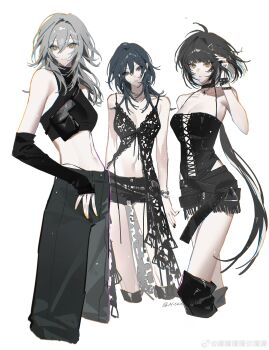 3girls absurdres artist_name black_choker black_dress black_hair black_nails black_pants black_shorts black_socks breasts caicaicaicai_ni_caicai chief_(path_to_nowhere) choker cleavage crop_top cropped_legs dress elbow_gloves eyelashes female_chief_(path_to_nowhere) female_rover_(wuthering_waves) gloves grey_eyes grey_hair hand_up highres honkai:_star_rail honkai_(series) jewelry long_hair looking_at_viewer multiple_girls necklace nightgown pants parted_lips path_to_nowhere rover_(wuthering_waves) short_shorts shorts simple_background sleeveless smile socks stelle_(honkai:_star_rail) trailblazer_(honkai:_star_rail) white_background wuthering_waves yellow_eyes yellow_nails