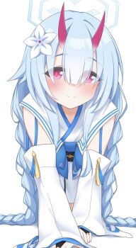 1girl bare_shoulders black_bridal_gauntlets black_sash blue_archive blue_bow blue_hair blue_halo blunt_bangs blush bow braid bridal_gauntlets center-flap_bangs chise_(blue_archive) closed_mouth commentary_request demon_girl detached_sleeves eyes_visible_through_hair flower hair_flower hair_ornament hair_spread_out halo highres horns japanese_clothes kimono long_hair long_sleeves looking_at_viewer oni red_eyes red_horns red_pupils sailor_collar sash school_uniform serafuku sidelocks simple_background skin-covered_horns sleeveless sleeveless_kimono smile solo split_mouth straight-on tareme twin_braids very_long_hair white_background white_flower white_kimono white_sailor_collar wide_sleeves yamichi_(yamichi8369)