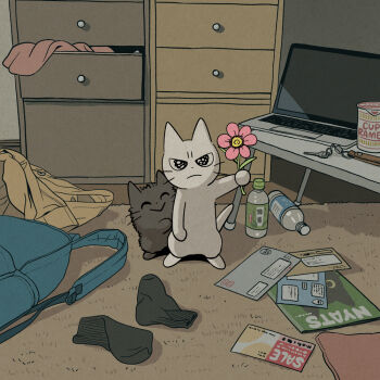 :> animal bag blue_bag bottle cat chest_of_drawers closed_eyes computer instant_cup_noodles flower holding holding_flower indoors instant_noodles jacket key laptop magazine_(object) mail mojacookie no_humans pink_flower rug shikaru_neko shikaru_neko_(character) socks unworn_bag unworn_jacket unworn_socks wavy_eyes whiskers