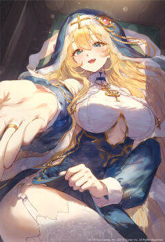 1girl bare_shoulders blonde_hair blue_eyes blush breasts commentary_request cross detached_sleeves eshineko garter_straps hair_between_eyes highres kitahara_lily large_breasts lifting_own_clothes long_hair long_sleeves looking_at_viewer mahjong_soul mole mole_under_eye nun offering_hand official_art open_mouth revision smile solo teeth thighhighs upper_teeth_only veil white_garter_straps white_thighhighs