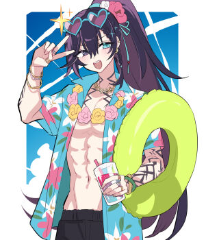 1boy aqua_eyes aqua_ribbon arm_tattoo black_eyes black_hair black_pants braid commentary_request cowboy_shot cup hair_ribbon heart heart-shaped_eyewear high_ponytail highres holding holding_cup hong_lu_(project_moon) innertube limbus_company long_hair neck_tattoo open_clothes open_mouth open_shirt pants ponytail project_moon ribbon shiki_(shikki46) smile solo swim_ring tattoo tingtang_gang_(identity)_(project_moon) very_long_hair