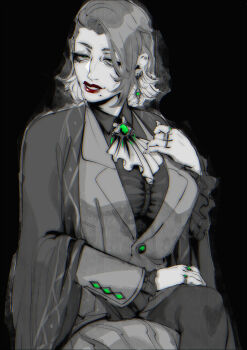 Rule 34 | 1girl, absurdres, aquiline nose, bags under eyes, black background, blackberreh-art, breasts, earrings, elias bouchard, eyelashes, genderswap, genderswap (mtf), grey hair, highres, jewelry, large breasts, lips, mature female, medium hair, mole, mole under mouth, nose, parted lips, red lips, ring, sketch, skirt, solo, spot color, the magnus archives, unfinished