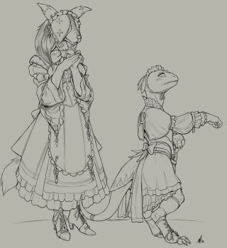 2girls apron blush boots bow claws covered_eyes crestfallenartist crusch_lulu digitigrade dress fitting frilled_apron frilled_dress frilled_headwear frills grey_background greyscale high_heel_boots high_heels highres legwear_garter lineart long_dress long_hair long_neck long_tail maid maid_headdress monochrome multiple_girls overlord_(maruyama) own_hands_together pestonya_shortcake_wanko ribbon short_dress slit_pupils smile standing tail tail_ornament tail_ribbon trying_on_clothes