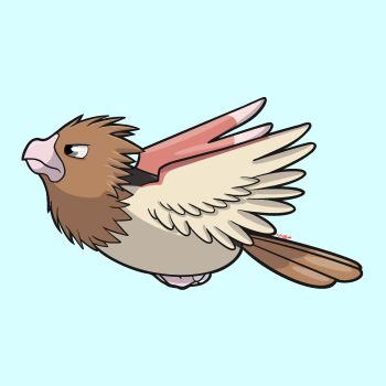beak bird blue_background brown_feathers feathered_wings feathers from_side full_body gen_1_pokemon highres nintendo no_humans pokemon pokemon_(creature) simple_background solo sonisilverpup spearow wings