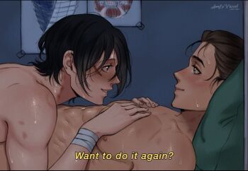 1boy 1girl aftersex annlu_vazzel black_hair blush colossal_titan completely_nude eren_yeager hand_on_another&#039;s_chest how_i_met_your_mother looking_at_another lying lying_on_another mikasa_ackerman muscular muscular_female nude pillow scar shingeki_no_kyojin short_hair smile survey_corps_(emblem) sweat titan_(shingeki_no_kyojin)