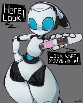 1girl blue_eyes colored_skin colored_speech_bubble doom_(series) doom_i drossel_von_flugel english_text fireball_(series) grey_background hand_on_own_hip highres holding holding_pregnancy_test humanoid_robot imerald it_runs_doom_(meme) joints looking_at_viewer meme no_mouth pregnancy_test robot robot_girl robot_joints speech_bubble white_skin wide_hips