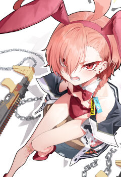 1-5iro 1girl absurdres ahoge animal_ear_hairband animal_ears bandaid bandaid_on_knee bandaid_on_leg blue_archive blush bow bowtie braid breasts chain commentary detached_collar earrings fake_animal_ears fang from_above gun hair_over_one_eye hairband halo high_heels highres jacket jewelry leotard looking_at_viewer looking_up mole mole_under_eye neru_(blue_archive) neru_(bunny)_(blue_archive) off_shoulder official_alternate_costume on_stool open_clothes open_jacket open_mouth orange_hair playboy_bunny pumps rabbit_ear_hairband rabbit_ears red_bow red_bowtie red_eyes red_leotard red_shoes shoes short_eyebrows side_braid sig_mpx simple_background single_braid sitting small_breasts solo strapless strapless_leotard stud_earrings submachine_gun tag weapon white_background white_jacket