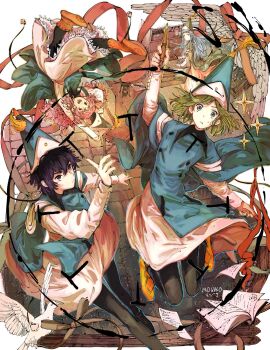 Rule 34 | 4girls, agott arklaum (tongari boushi no atelier), aqua cloak, artist name, beldaruit (tongari boushi no atelier), bird, black hair, black leggings, casting spell, cloak, coco (tongari boushi no atelier), commentary, conical hat, curly hair, drawing on air, dress, english commentary, green eyes, green hair, grey hair, hat, hat tassel, highres, holding, holding pen, ink, leggings, long hair, medium hair, mogiko (giulia monti), multiple girls, nervous sweating, nib pen (object), pen, pigeon, pink eyes, pink hair, purple eyes, qifrey's atelier apprentice uniform, short hair, sigil, smile, surprised, sweat, tetia (tongari boushi no atelier), tongari boushi no atelier, upside-down, wizard hat