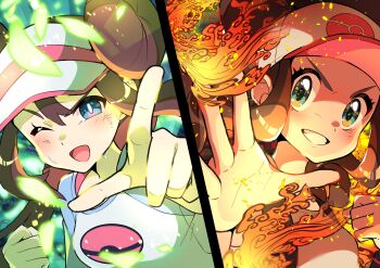 2girls ;d absurdres baseball_cap blush brown_hair clenched_hand clenched_teeth commentary double_bun eyelashes hair_bun hat highres hilda_(pokemon) looking_at_viewer multiple_girls nintendo one_eye_closed open_mouth pointing pokemon pokemon_bw pokemon_bw2 pon_yui raglan_sleeves rosa_(pokemon) shirt sidelocks smile split_screen teeth tongue v-shaped_eyebrows vest visor_cap wristband