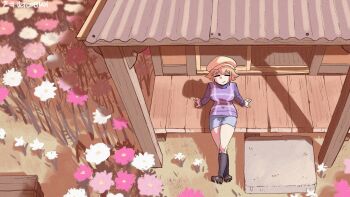 1girl arm_support black_socks blue_skirt breasts brown_shoes closed_eyes closed_mouth commentary english_commentary flower from_above hair_flaps hat highres kaibootsu kneehighs long_sleeves medium_breasts miniskirt outdoors pencil_skirt pink_flower plaid_clothes plaid_sweater purple_sweater shoes short_hair sidelocks sitting skirt smile socks solo sweater urotsuki veranda white_flower white_hat yume_2kki