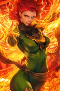 Rule 34 | 1girl, bodysuit, boots, breasts, commentary, covered navel, dark phoenix, english commentary, eyelashes, fire, gloves, glowing hands, green bodysuit, green eyes, highres, jean grey, large breasts, marvel, official art, pyrokinesis, realistic, red hair, sash, serious, solo, stanley lau, superhero costume, thigh boots, thighhighs, toned, toned female, waist sash, x-men, yellow sash, yellow thighhighs