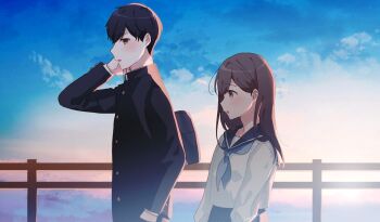 1boy 1girl black_hair black_jacket blue_neckerchief blue_sailor_collar blue_sky brown_eyes brown_hair commentary_request from_side gakuran grey_eyes hanako151 hand_in_pocket hand_up highres jacket layered_sleeves long_hair long_sleeves morning neckerchief original outdoors parted_lips profile sailor_collar sailor_shirt school_uniform shirt short_hair sky very_short_hair white_shirt