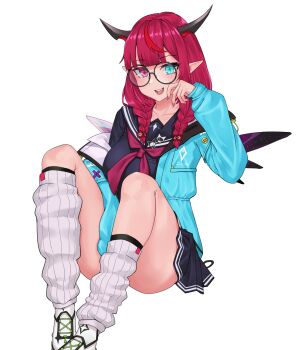 1girl :d aqua_jacket asymmetrical_legwear asymmetrical_wings between_legs black_horns black_sailor_collar black_serafuku black_shirt black_skirt blue_eyes blunt_bangs braid breasts commentary crystal_wings double_halo english_commentary glasses hair_over_shoulder halo hand_between_own_legs heterochromia highres hololive hololive_english horns irys_(gaming_casual)_(hololive) irys_(hololive) jacket knees_up large_breasts long_hair long_sleeves loose_socks low_twin_braids miniskirt mismatched_wings multicolored_hair neckerchief official_alternate_costume official_alternate_hairstyle open_mouth pink_eyes pleated_skirt pointy_ears purple_hair purple_neckerchief ranox red_streaks ribbed_socks round_eyewear sailor_collar school_uniform serafuku shirt shoes simple_background single_off_shoulder sitting skirt smile sneakers socks solo star-shaped_pupils star_(symbol) star_halo streaked_hair symbol-shaped_pupils teeth twin_braids uneven_legwear upper_teeth_only virtual_youtuber white_background white_socks wings