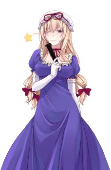1girl blonde_hair bow breasts choker closed_mouth collarbone commentary_request cowboy_shot crote dress elbow_gloves folding_fan frilled_dress frilled_sleeves frills gloves hair_bow half-closed_eyes hand_fan hand_up hat hat_ribbon highres large_variant_set long_dress long_hair looking_at_viewer medium_breasts mob_cap multiple_hair_bows one_eye_closed puffy_short_sleeves puffy_sleeves purple_dress purple_eyes red_bow red_ribbon ribbon ribbon_choker short_sleeves smile solo star_(symbol) tachi-e touhou transparent_background variant_set white_gloves white_hat yakumo_yukari