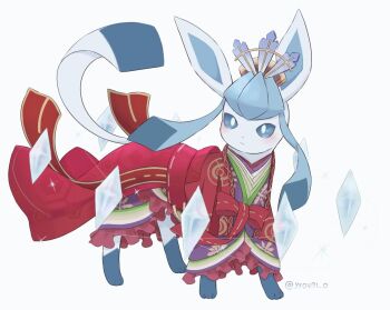 blue_eyes blush closed_mouth clothed_pokemon commentary_request crown diamond_(gemstone) gen_4_pokemon glaceon glaceon_(graceful) japanese_clothes kimono nintendo no_humans pokemon pokemon_(creature) pokemon_unite solo standing twitter_username white_background yuuri_(yr0471_0)
