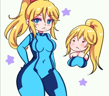 1girl :&lt; araceri black_eyes blonde_hair blue_bodysuit blue_eyes blush bodysuit breasts cleavage grey_background hand_on_own_hip large_breasts long_hair looking_at_viewer metroid mole mole_under_mouth multiple_views nintendo parted_lips ponytail samus_aran standing star_(symbol) star_symbol_background teeth thick_thighs thighs upper_body wide_hips zero_suit