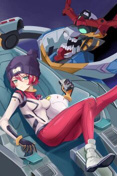 1girl absurdres amate_yuzuriha beanie black_hat bodysuit breasts closed_mouth commentary frown gquuuuuux green_eyes gundam gundam_gquuuuuux haro hat highres holding jyn_jyn mecha mecha_pilot_suit medium_breasts mobile_suit neon_genesis_evangelion normal_suit_(gundam) open_mouth red_bodysuit red_hair robot science_fiction short_hair sitting tem_ray&#039;s_circuit v-fin